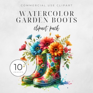 Garden boots Clipart Bundle, Hello Spring PNG Graphics, 10 Floral Rubber Rain Boots Clipart, Watercolor Flowers PNGs, Commercial Use