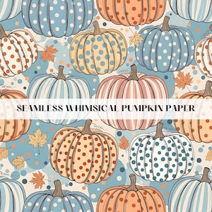 May include: Seamless whimsical pumpkin paper featuring a repeating pattern of pumpkins in various colours and patterns, including polka dots and stripes. The pumpkins are in shades of blue, orange, and pink, with brown stems and autumn leaves.
