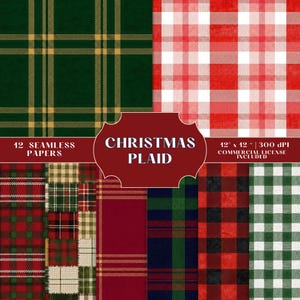 Può includere: Una collezione di 12 carte a quadri natalizi senza cuciture. I disegni includono quadri di bufalo rossi e bianchi, tartan verde e oro e altre combinazioni festive. Il testo "Christmas Plaid" è incluso.