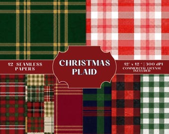 May include: A collection of 12 seamless Christmas plaid papers in various patterns. The designs include red and white buffalo check, green and gold tartan, and other festive combinations. The image includes the text "Christmas Plaid".