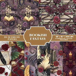 Puede incluir: Una colección de arte digital titulada "Bookish Fantasy" con 20 papeles sin costuras. Los diseños incluyen libros abiertos, rosas, plumas y símbolos místicos en tonos de morado, dorado y negro. El texto "12" x 12" | 300 DPI COMMERCIAL LICENSE INCLUDED."