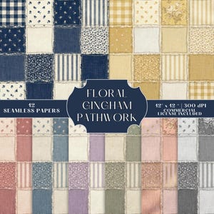 Motivi patchwork floreali a quadretti senza soluzione di continuità, carta digitale per quilting in stile cottagecore, carta da parati in tessuto stampabile in stile rustico, uso commerciale