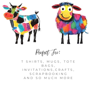 Puede incluir: Una ilustraci&oacute;n colorida de una vaca y una oveja. La vaca es negra y blanca con parches coloridos. La oveja es azul con parches coloridos. El texto "Perfect For: T SHIRTS, MUGS, TOTE BAGS, INVITATIONS, CRAFTS, SCRAPBOOKING AND SO MUCH MORE" est&aacute; debajo de las ilustraciones.