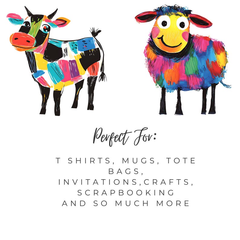 Puede incluir: Una ilustraci&oacute;n colorida de una vaca y una oveja. La vaca es negra y blanca con parches coloridos. La oveja es azul con parches coloridos. El texto "Perfect For: T SHIRTS, MUGS, TOTE BAGS, INVITATIONS, CRAFTS, SCRAPBOOKING AND SO MUCH MORE" est&aacute; debajo de las ilustraciones.