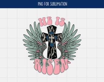May include: A pink and blue graphic design with the words "He is Risen" in a retro font. A cross with a snake skin pattern is centred with wings on either side.