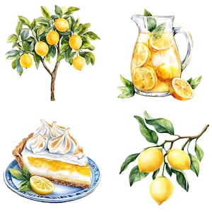 Puede incluir: Una ilustraci&oacute;n de acuarela de un limonero, una jarra de limonada, una porci&oacute;n de pastel de merengue de lim&oacute;n y una rama de limones. Los limones son amarillos y las hojas son verdes.
