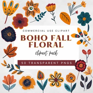 Może przedstawiać: Kolekcja klipartów Boho Fall Floral w różnych kolorach, w tym pomarańczowym, żółtym i turkusowym. Obraz zawiera kwiaty, liście i inne elementy botaniczne. Tekst na obrazie brzmi "Commercial Use Clipart", "Boho Fall Floral clipart pack" i "50 Transparent PNGs".