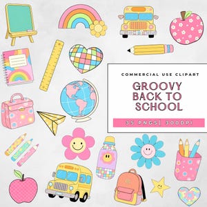 Paquete de imágenes prediseñadas de Groovy School, imágenes prediseñadas retro de útiles escolares, lindas imágenes PNG de maestras para sublimación y POD, uso comercial