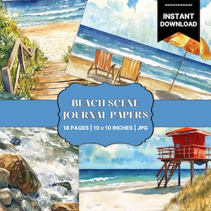 Sunny Beach Journal Paper Pack, 10x10 Digital Junk Journal Pages, Coastal Watercolor Scrapbook Kit, Summer Ocean Printable Backgrounds