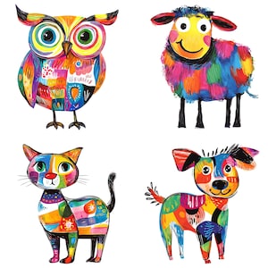 Puede incluir: Una ilustraci&oacute;n colorida de cuatro animales: un b&uacute;ho, una oveja, un gato y un perro. Cada animal est&aacute; pintado en un estilo de mosaico vibrante con diferentes colores y patrones.