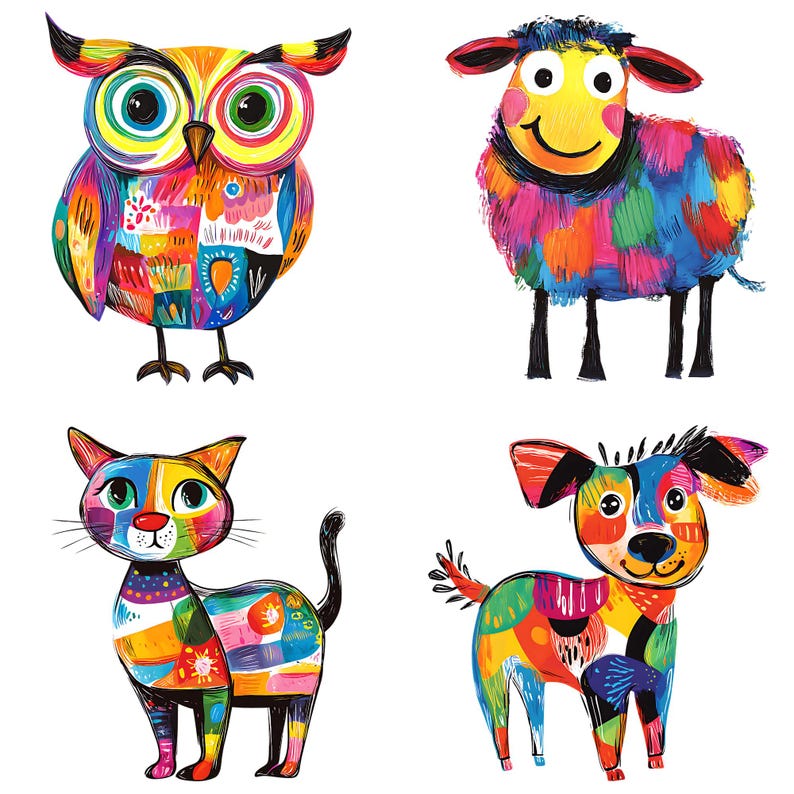 Puede incluir: Una ilustraci&oacute;n colorida de cuatro animales: un b&uacute;ho, una oveja, un gato y un perro. Cada animal est&aacute; pintado en un estilo de mosaico vibrante con diferentes colores y patrones.