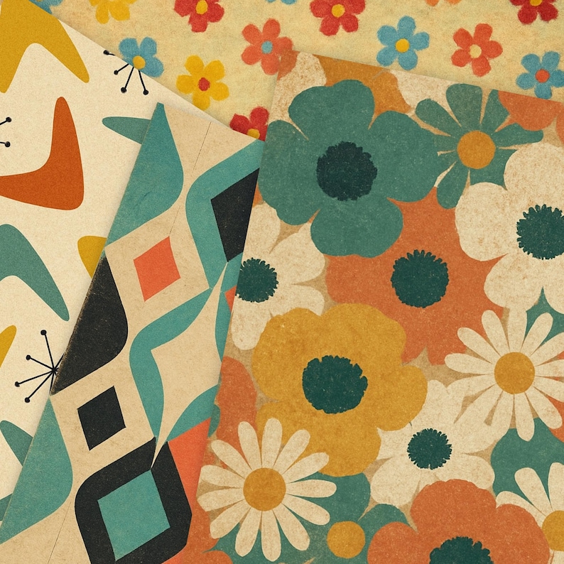Retro Pattern Backing Paper Retro Atomic Digital Paper Bundle: 1950s Mid-century Patterns ...