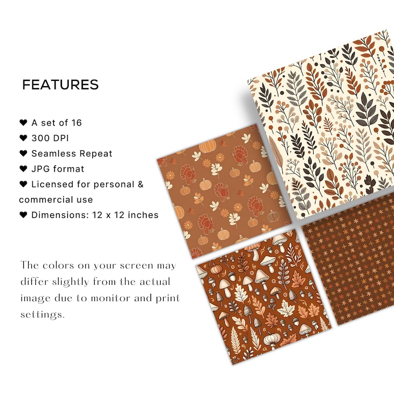 May include: Four square patterns with autumn-themed designs. The patterns include leaves, pumpkins, mushrooms, and stars in shades of brown, beige, and orange. Each pattern is 30.48 x 30.48 cm.