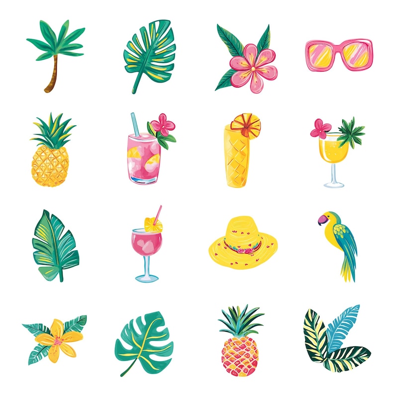 May include: A set of 14 colorful illustrations featuring tropical vacation themes. The illustrations include pineapples, palm trees, tropical leaves, cocktails, sunglasses, a parrot, and a straw hat.