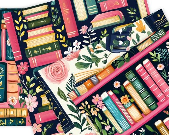 Books and Flowers Seamless Pattern: Library Bookshelf Designs (digital ...