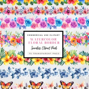 May include: A digital clipart pack of watercolor floral borders. The pack includes 75 transparent PNG files. The borders feature various flowers, butterflies, and leaves in shades of pink, blue, yellow, and green.
