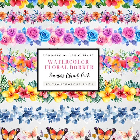 Watercolor Floral Border Clipart: Seamless Wildflower PNG Bundle (Commercial Use)