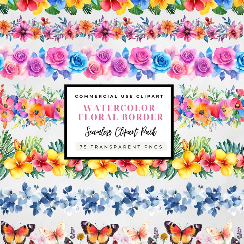 May include: A digital clipart pack of watercolor floral borders. The pack includes 75 transparent PNG files. The borders feature various flowers, butterflies, and leaves in shades of pink, blue, yellow, and green.