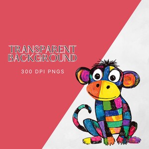 Puede incluir: Un mono de dibujos animados colorido con un cuerpo estampado con arco&iacute;ris y ojos grandes y expresivos. El mono est&aacute; sentado sobre un fondo blanco.