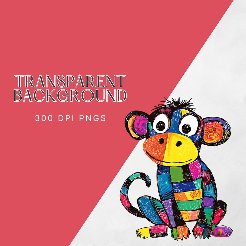 Puede incluir: Un mono de dibujos animados colorido con un cuerpo estampado con arco&iacute;ris y ojos grandes y expresivos. El mono est&aacute; sentado sobre un fondo blanco.