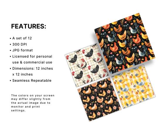 Chicken Pattern Seamless Digital Paper, Farm Roosters Pattern ...