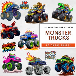 Könnte beinhalten: Sammlung farbenfroher Monster-Truck-Illustrationen. Jeder Truck hat einzigartige Designs, darunter Flammen, Stacheln und tierische Dekorationen. Der Text "MONSTER TRUCKS" und "COMMERCIAL USE CLIPART" ist enthalten.