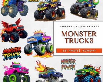 Zestaw clipartów Monster Truck, 28 dziecięcych Monster Trucków ze zwierzętami, pliki sublimacyjne, do użytku komercyjnego