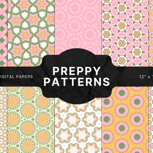 Op de afbeelding: Een verzameling van tien naadloze digitale papieren met preppy patronen. De ontwerpen omvatten roze en groene geometrische vormen, bloempatronen en sterrenuitbarstingen. De papieren zijn 30,48 cm x 30,48 cm en 300 DPI.