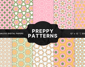 Pink & Green Digital Paper Pack: Preppy Floral Patterns (Digital Download)