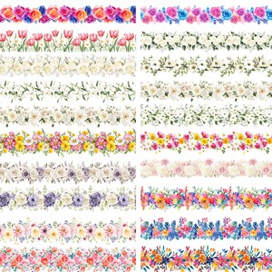 May include: A collection of 20 watercolor floral borders featuring various flowers, leaves, and branches. The borders are arranged in two columns, with each border showcasing a different floral design. The colors are vibrant and varied, including pink, blue, yellow, green, and white.