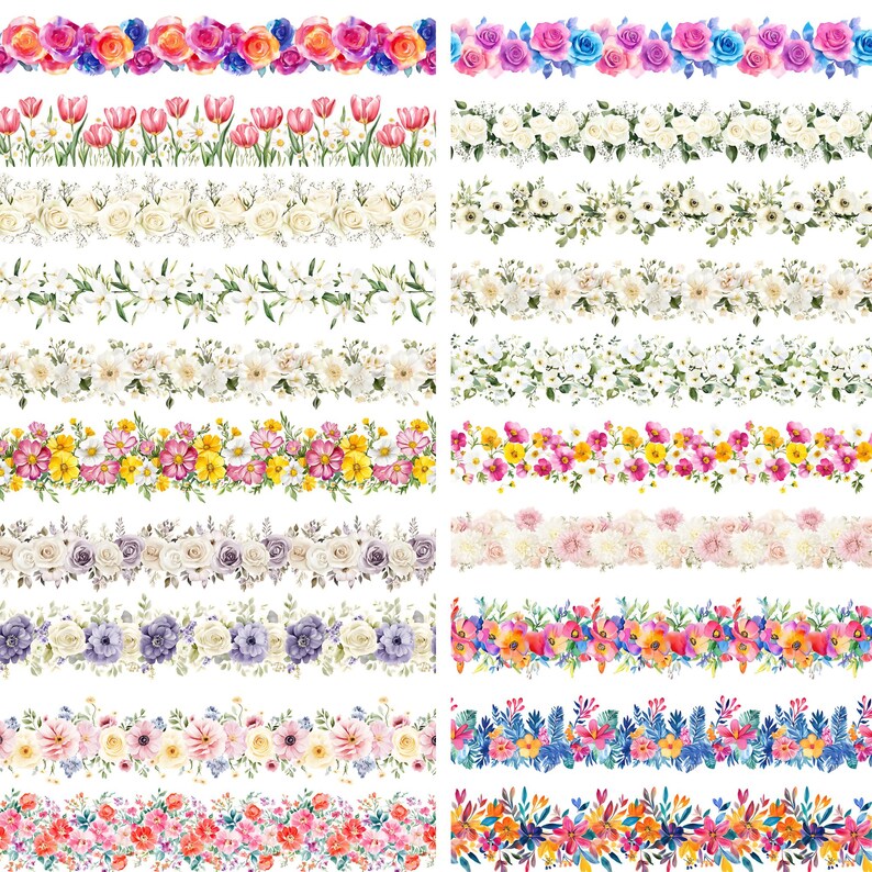 May include: A collection of 20 watercolor floral borders featuring various flowers, leaves, and branches. The borders are arranged in two columns, with each border showcasing a different floral design. The colors are vibrant and varied, including pink, blue, yellow, green, and white.