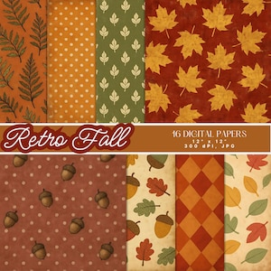 May include: A selection of 16 digital papers with a retro autumn theme. The papers showcase diverse patterns, including leaves, acorns, polka dots, and geometric designs in warm autumnal colours such as orange, brown, and green. The text "Retro Fall" is displayed in a decorative font.