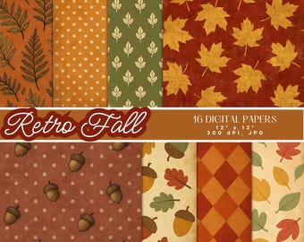 Retro Autumn Digital Paper Bundle, Vintage Fall & Thanksgiving Backgrounds, Leaves And Acorns Scrapbook Paper, Commercial Use