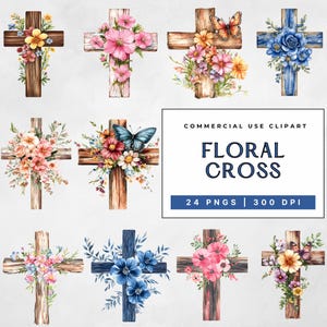 Clipart croix floral aquarelle, images religieuses imprimables croix en bois, travaux manuels créatifs en papier pour scrapbooking crucifix chrétien, usage commercial
