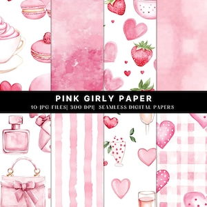 May include: A set of 10 digital papers featuring pink and white patterns. The patterns include hearts, strawberries, macarons, perfume bottles, handbags, and stripes. The papers are 300 DPI and seamless.
