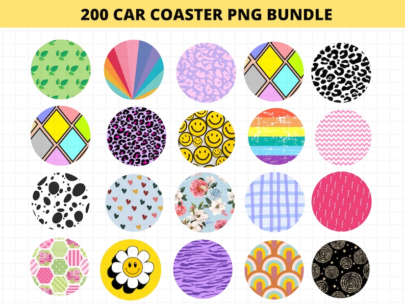 200 Car Coaster Sublimation PNG Designs, Round Png Sublimation Designs, Car Coaster Png, Sublimation Pattern Bundle image 1