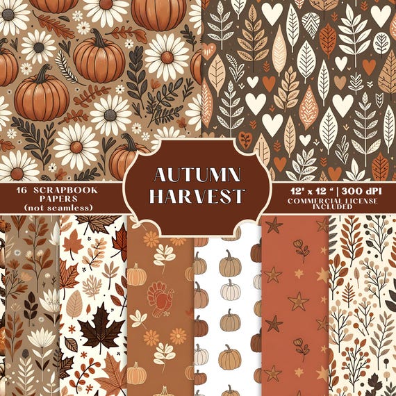 Fall Digital Papers, Autumn Harvest Scrapbook Paper Bundle 16 Pack, Thanksgiving Backgrounds