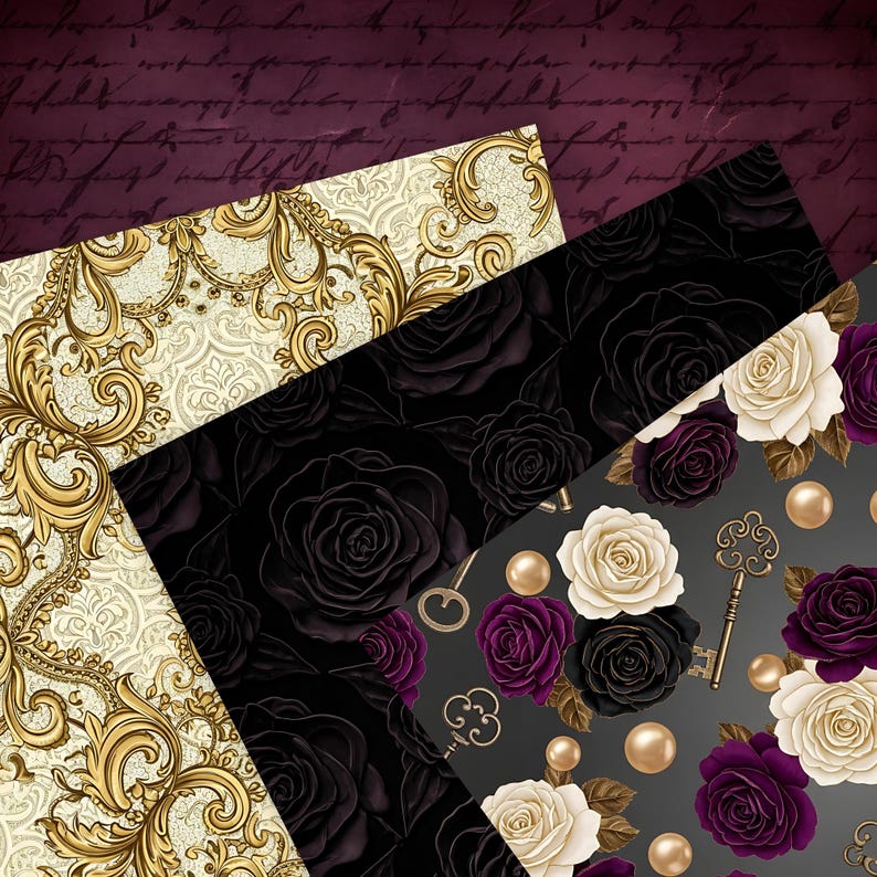 May include: A collection of decorative papers with various patterns. One features gold baroque designs on a cream background. Another showcases black roses, and a third displays white, purple, and black roses with gold keys and pearls.