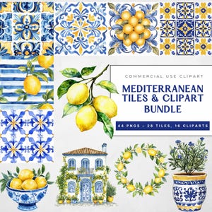 Mediterrane tegel en citroen clipartbundel, blauwe en gele aquarel azulejo png's, naadloos digitaal papier, keramische tegelkunst, commercieel gebruik