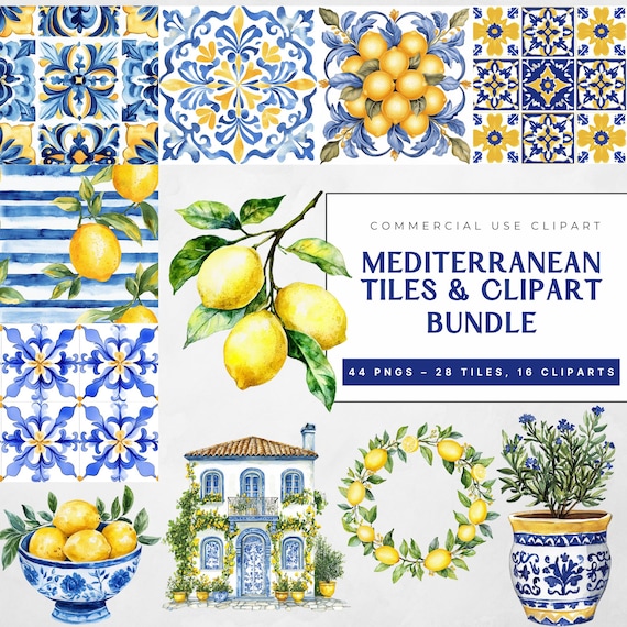 Mediterranean Tile And Lemon Clipart Bundle, Blue & Yellow Watercolor Azulejo PNGs, Seamless Digital Paper, Ceramic Tile Art, Commercial Use