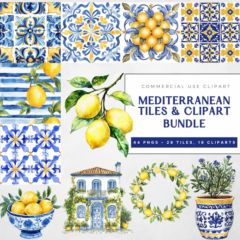 Puede incluir: Un paquete digital de clipart con 28 ilustraciones de acuarela de azulejos mediterr&aacute;neos y 16 im&aacute;genes de clipart. Los azulejos son azules y amarillos con patrones intrincados. El clipart incluye limones, una casa, una corona y una planta en maceta.