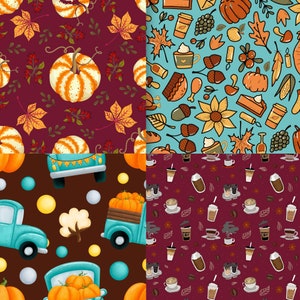May include: Four different seamless patterns featuring autumnal themes. The top left pattern is a burgundy background with orange pumpkins, brown leaves, and red berries. The top right pattern is a light blue background with brown acorns, orange pumpkins, and coffee cups. The bottom left pattern is a brown background with blue trucks carrying pumpkins, white cotton balls, and yellow circles. The bottom right pattern is a burgundy background with coffee cups, coffee beans, and brown leaves.