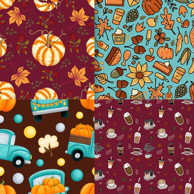 May include: Four different seamless patterns featuring autumnal themes. The top left pattern is a burgundy background with orange pumpkins, brown leaves, and red berries. The top right pattern is a light blue background with brown acorns, orange pumpkins, and coffee cups. The bottom left pattern is a brown background with blue trucks carrying pumpkins, white cotton balls, and yellow circles. The bottom right pattern is a burgundy background with coffee cups, coffee beans, and brown leaves.