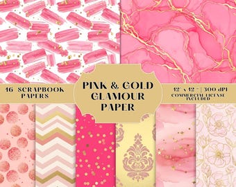 Pink and Gold Scrapbook Paper Bundle, Glam Foil Digital Paper Pack, Glitter Glam Backgrounds, Luxury Printable Craft Paper, Commercial Use