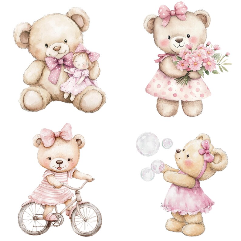 Teddy Bear Clipart PNG Bundle, Baby Shower Nursery Bears, Watercolor ...