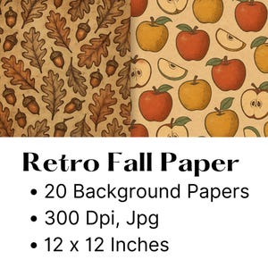 Puede incluir: Papel retro de oto&ntilde;o con patrones tem&aacute;ticos de oto&ntilde;o. La imagen presenta dos dise&ntilde;os distintos: uno con hojas de roble y bellotas, y otro con manzanas. El texto indica 20 papeles de fondo, 300 ppp y 30,48 x 30,48 cm.
