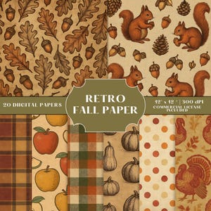 May include: A collection of 20 digital papers with a retro fall theme. The designs include squirrels, acorns, oak leaves, apples, pumpkins, plaid patterns, and polka dots. The papers are 12 x 12 inches and 300 DPI, with a commercial license included.