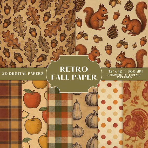 Retro Fall Digital Paper Bundle: Thanksgiving Pumpkins, Plaid, Squirrels (Digital Download)