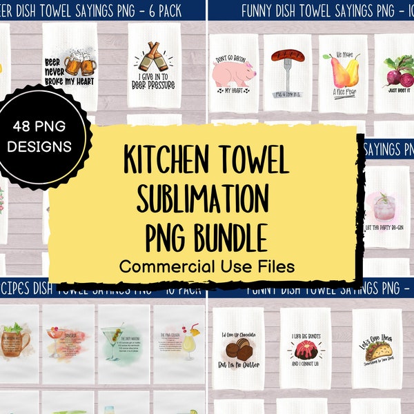 Kitchen Towel Sublimation PNG Bundle, Dish Towel Design Bundle, Cocktail Sublimations Bundle, Baking Clipart, Commercial Use