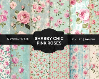 Shabby Chic Rose Digital Paper: Vintage Floral Backgrounds (JPG)